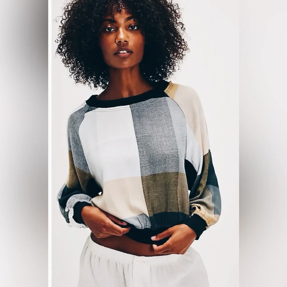 Free People Intimately Plaid Pullover - Heathered Taupe & Camel - Size L NWT